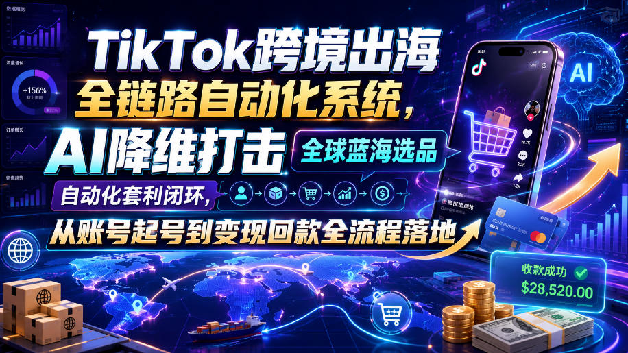TikTok跨境出海全链路自动化系统，AI降维打击全球蓝海选品自动化套利闭环，从账号起号到变现回款全流程落地(2026年7月)-创业网 - 最新网络创业项目与实战营销教程平台 | cye.cc