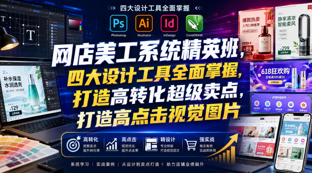 网店美工系统精英班，四大设计工具全面掌握，打造高转化超级卖点，打造高点击视觉图片(2026年7月)-创业网 - 最新网络创业项目与实战营销教程平台 | cye.cc
