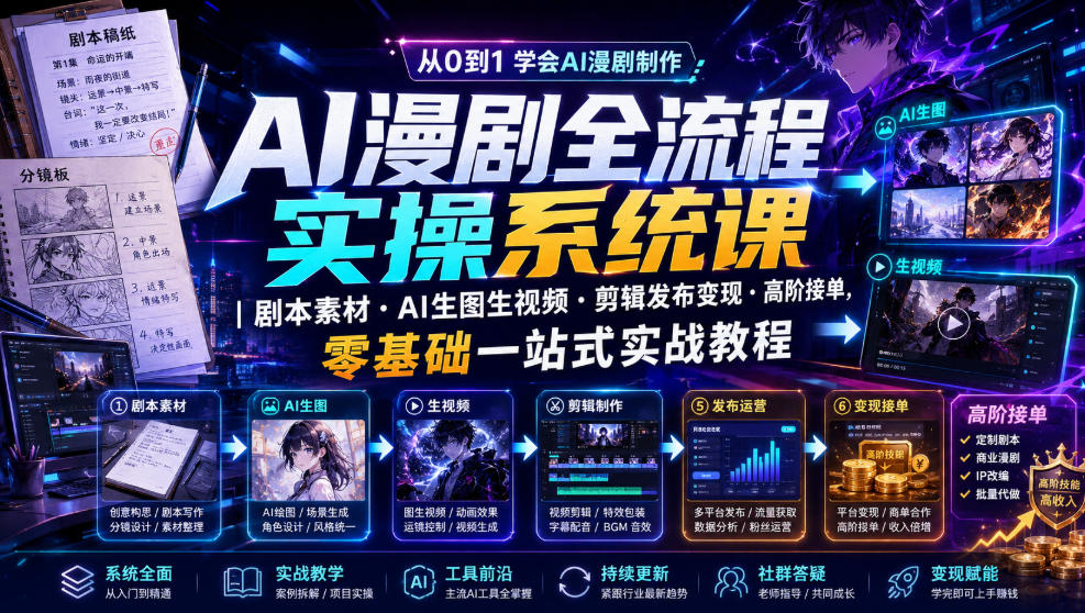 AI漫剧全流程实操系统课｜剧本素材・AI生图生视频・剪辑发布变现・高阶接单，零基础一站式实战教程-创业网 - 最新网络创业项目与实战营销教程平台 | cye.cc