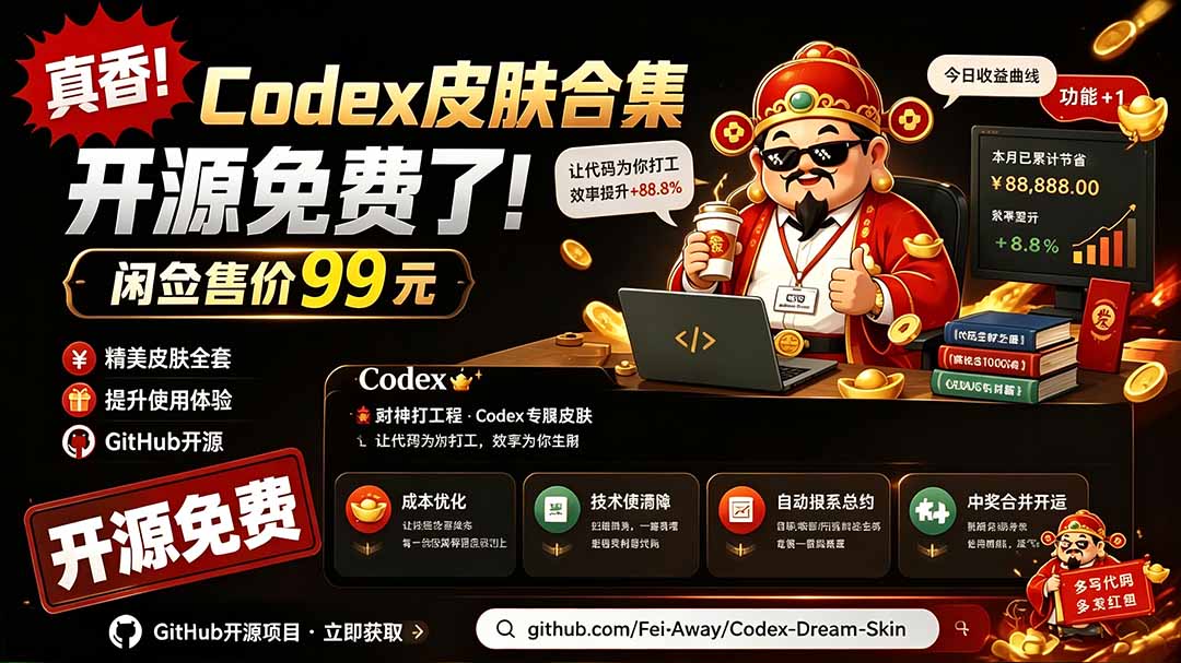 闲鱼售卖99元的Codex皮肤包，GitHub 免费开源了！让你的codex变成精美界面 Codex Dream Skin-创业网 - 最新网络创业项目与实战营销教程平台 | cye.cc