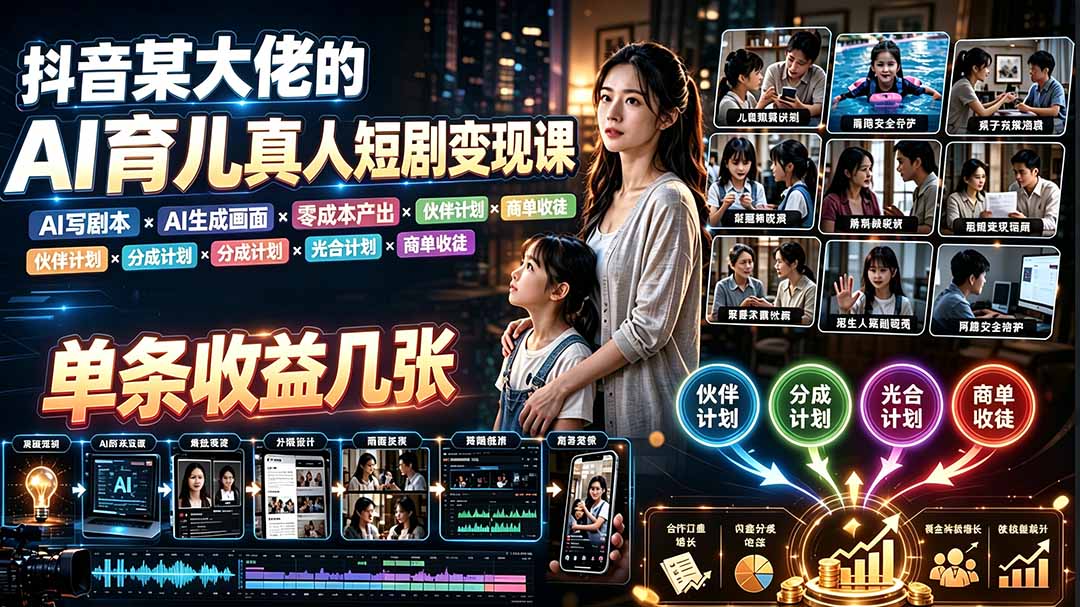 AI育儿真人短剧变现课：AI写剧本×AI生成画面×零成本产出×伙伴计划×分成计划×光合计划×商单收徒-创业网 - 最新网络创业项目与实战营销教程平台 | cye.cc