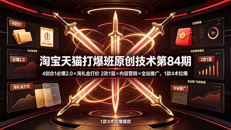 淘宝天猫打爆班原创技术第84期：4剑合1必爆2.0×淘礼金打价×2改1留×内容营销×全站推广，1款4术拉爆-创业网 - 最新网络创业项目与实战营销教程平台 | cye.cc