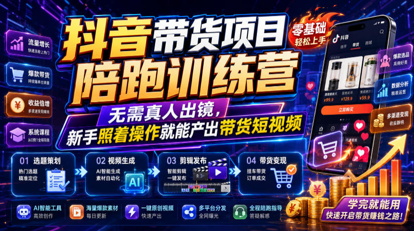 抖音带货项目陪跑训练营，无需真人出镜，新手照着操作就能产出带货短视频-创业网 - 最新网络创业项目与实战营销教程平台 | cye.cc
