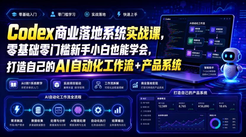 Codex商业落地系统实战课，零基础零门槛新手小白也能学会，打造自己的AI自动化工作流+产品系统-创业网 - 最新网络创业项目与实战营销教程平台 | cye.cc