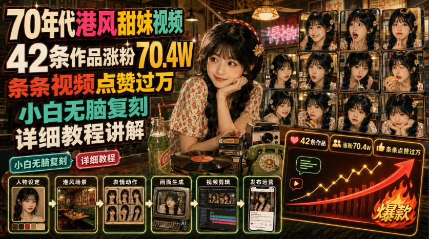 70年代港风甜妹视频，42条作品涨粉70.4W，条条视频点赞过万，小白无脑复刻，详细教程讲解-创业网 - 最新网络创业项目与实战营销教程平台 | cye.cc