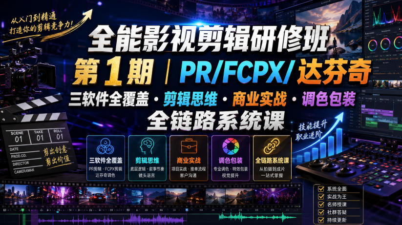 全能影视剪辑研修班第1期｜PR/FCPX/达芬奇三软件全覆盖・剪辑思维・商业实战・调色包装全链路系统课-创业网 - 最新网络创业项目与实战营销教程平台 | cye.cc