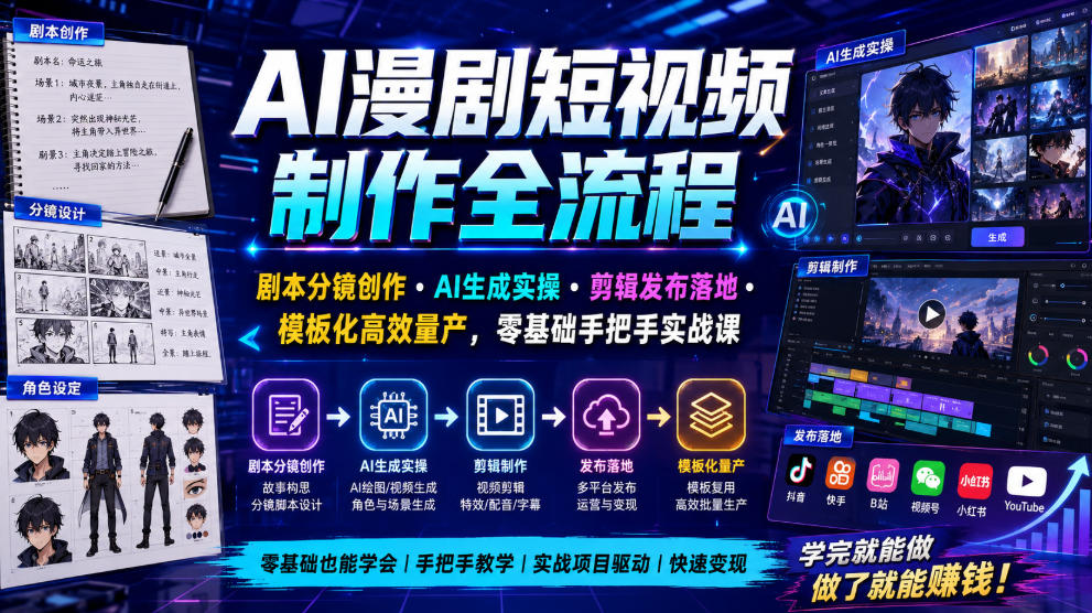 AI漫剧短视频制作全流程｜剧本分镜创作・AI生成实操・剪辑发布落地・模板化高效量产，零基础手把手实战课-创业网 - 最新网络创业项目与实战营销教程平台 | cye.cc