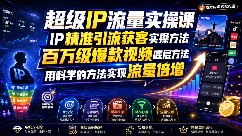 超级IP流量实操课，IP精准引流获客实操方法，百万级爆款视频底层方法，用科学的方法实现流量倍增-创业网 - 最新网络创业项目与实战营销教程平台 | cye.cc