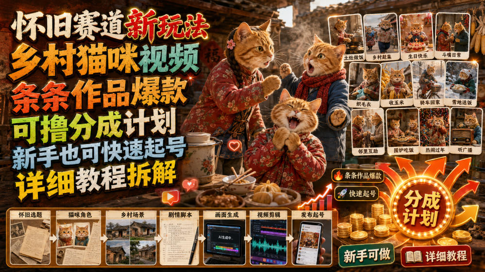 怀旧赛道新玩法，乡村猫咪视频，条条作品爆款，可撸分成计划，新手也可快速起号，详细教程拆解-创业网 - 最新网络创业项目与实战营销教程平台 | cye.cc