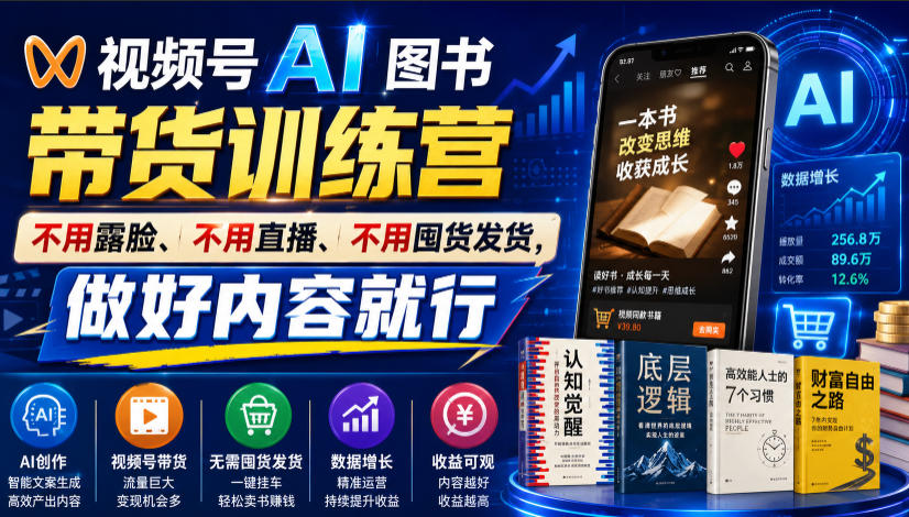 视频号AI图书带货训练营，不用露脸、不用直播、不用囤货发货，做好内容就行，一条爆款视频佣金8942-创业网 - 最新网络创业项目与实战营销教程平台 | cye.cc