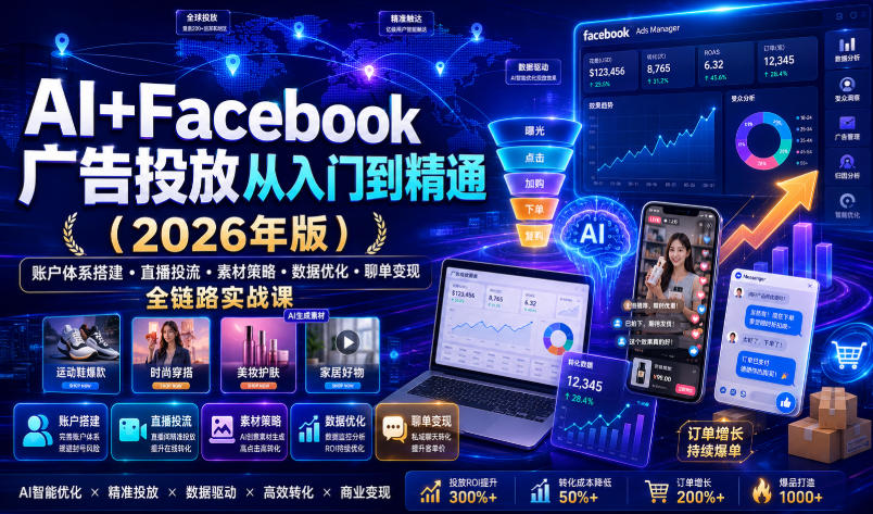 AI+Facebook广告投放从入门到精通(2026年版)｜账户体系搭建・直播投流・素材策略・数据优化・聊单变现全链路实战课-创业网 - 最新网络创业项目与实战营销教程平台 | cye.cc