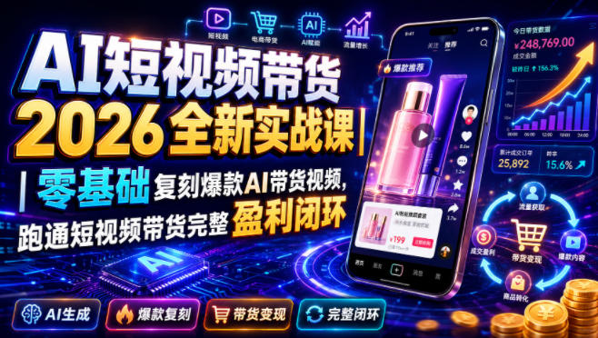 AI短视频带货2026全新实战课｜零基础复刻爆款AI带货视频，跑通短视频带货完整盈利闭环-创业网 - 最新网络创业项目与实战营销教程平台 | cye.cc