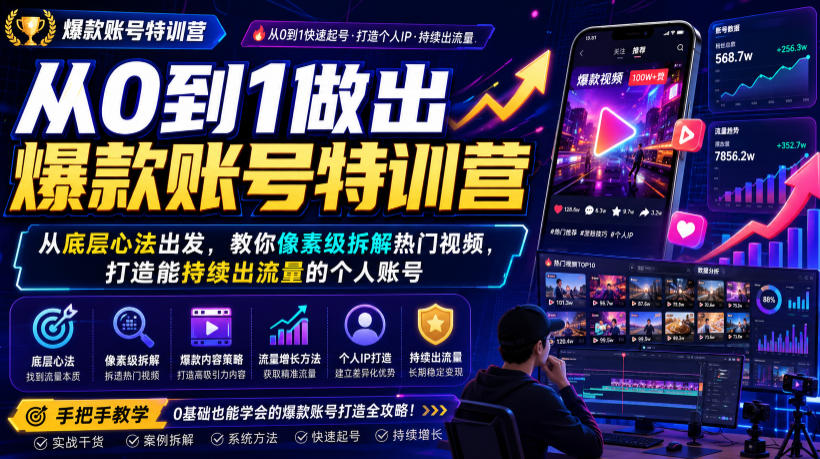 从0到1做出爆款账号特训营，从底层心法出发，教你像素级拆解热门视频，打造能持续出流量的个人账号-创业网 - 最新网络创业项目与实战营销教程平台 | cye.cc