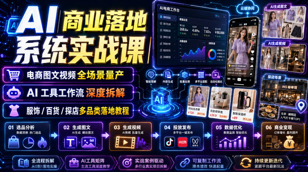 AI商业落地系统实战课｜电商图文视频全场景量产・AI工具工作流深度拆解・服饰/百货/探店多品类落地教程-创业网 - 最新网络创业项目与实战营销教程平台 | cye.cc