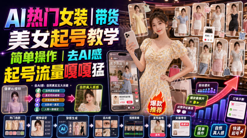 AI热门女装带货丨美女起号教学，简单操作，去AI感，起号流量嘎嘎猛-创业网 - 最新网络创业项目与实战营销教程平台 | cye.cc