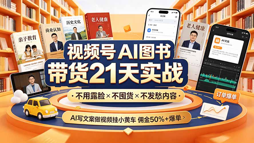 视频号AI图书带货21天实战：不用露脸×不囤货×不发愁内容，AI写文案做视频挂小黄车，佣金50%+爆单-创业网 - 最新网络创业项目与实战营销教程平台 | cye.cc