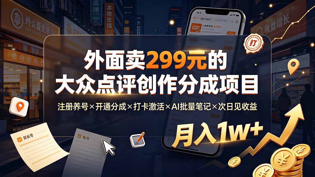 外面卖299元的大众点评创作分成项目：注册养号×开通分成×打卡激活×AI批量笔记×次日见收益，月入1w+-创业网 - 最新网络创业项目与实战营销教程平台 | cye.cc
