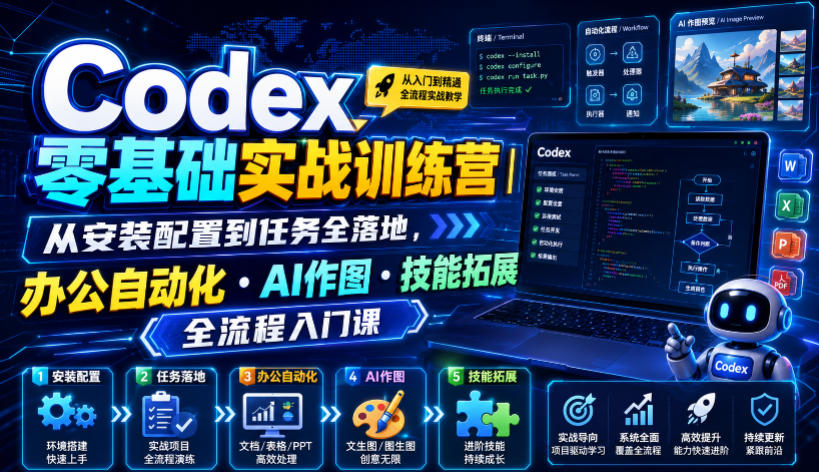 Codex零基础实战训练营｜从安装配置到任务全落地，办公自动化・AI作图・技能拓展全流程入门课-创业网 - 最新网络创业项目与实战营销教程平台 | cye.cc