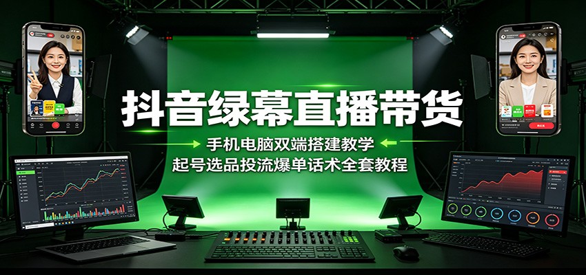 抖音绿幕直播带货：手机电脑双端搭建教学，起号选品投流爆单话术全套教程-创业网 - 最新网络创业项目与实战营销教程平台 | cye.cc