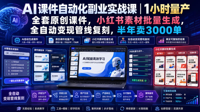 AI课件自动化副业实战课｜1小时量产全套原创课件，小红书素材批量生成，全自动变现管线复刻，半年卖3000单-创业网 - 最新网络创业项目与实战营销教程平台 | cye.cc