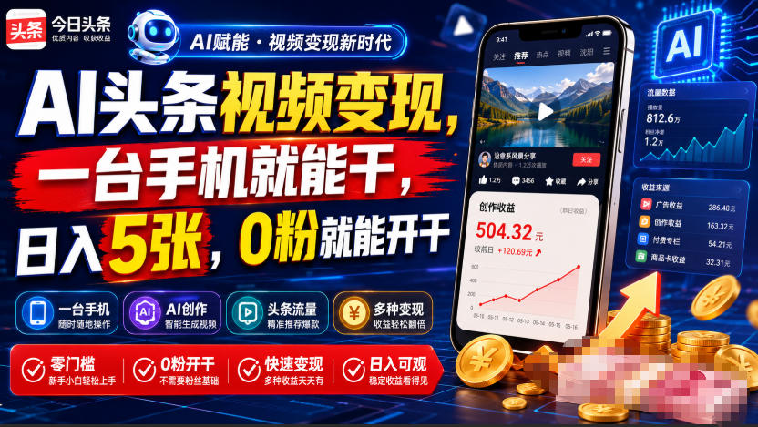 AI头条视频变现，一台手机就能干，日入5张，0粉就能开干-创业网 - 最新网络创业项目与实战营销教程平台 | cye.cc