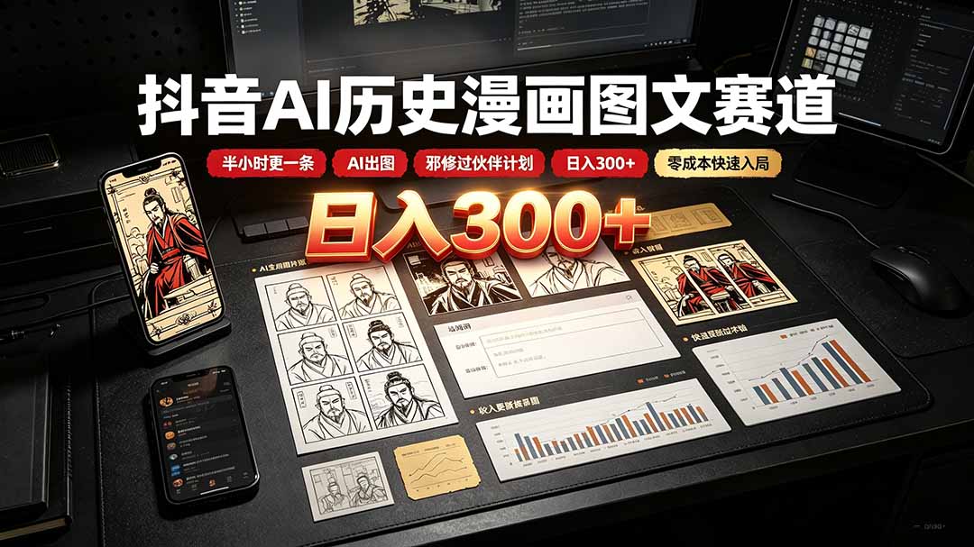 抖音AI历史漫画图文赛道：半小时更一条×AI出图×邪修过伙伴计划×日入300+，零成本快速入局-创业网 - 最新网络创业项目与实战营销教程平台 | cye.cc