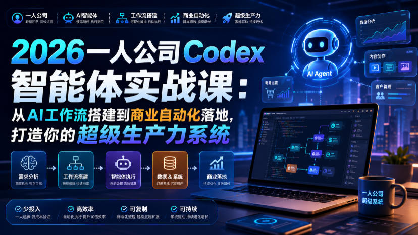 2026一人公司Codex智能体实战课：从AI工作流搭建到商业自动化落地，打造你的超级生产力系统-创业网 - 最新网络创业项目与实战营销教程平台 | cye.cc