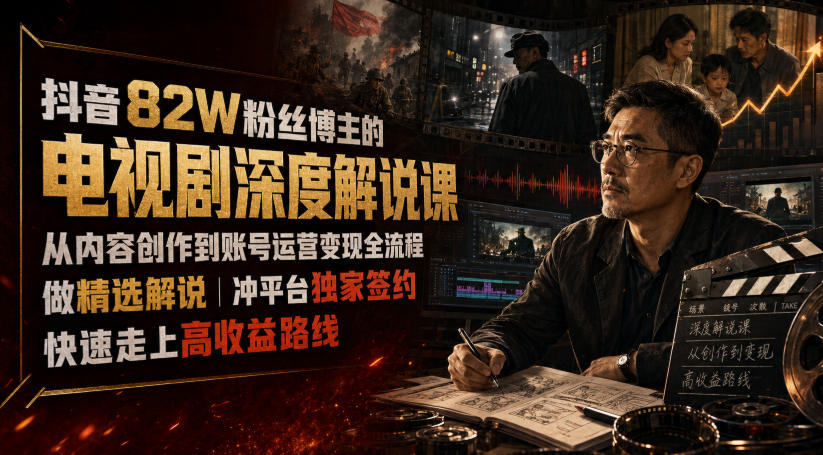 抖音82W粉丝博主的电视剧深度解说课，从内容创作到账号运营变现全流程，做精选解说，冲平台独家签约，快速走上高收益路线-创业网 - 最新网络创业项目与实战营销教程平台 | cye.cc