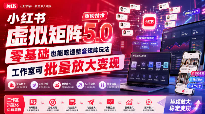 小红书虚拟矩阵5.0重磅技术，零基础也能吃透整套矩阵玩法，工作室可批量放大变现-创业网 - 最新网络创业项目与实战营销教程平台 | cye.cc