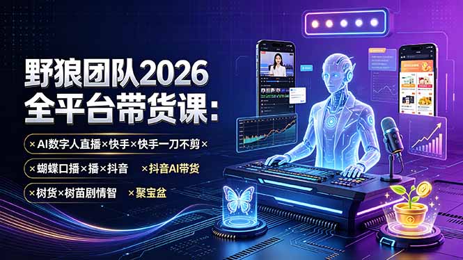 野狼团队2026全平台带货课-7月：AI数字人直播×快手一刀不剪×蝴蝶口播×抖音AI带货×树苗剧情智剪×聚宝盆-创业网 - 最新网络创业项目与实战营销教程平台 | cye.cc