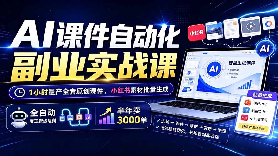 AI课件自动化副业实战课：1小时量产全套原创课件×小红书素材批量生成×全自动变现管线×半年卖3000单-创业网 - 最新网络创业项目与实战营销教程平台 | cye.cc