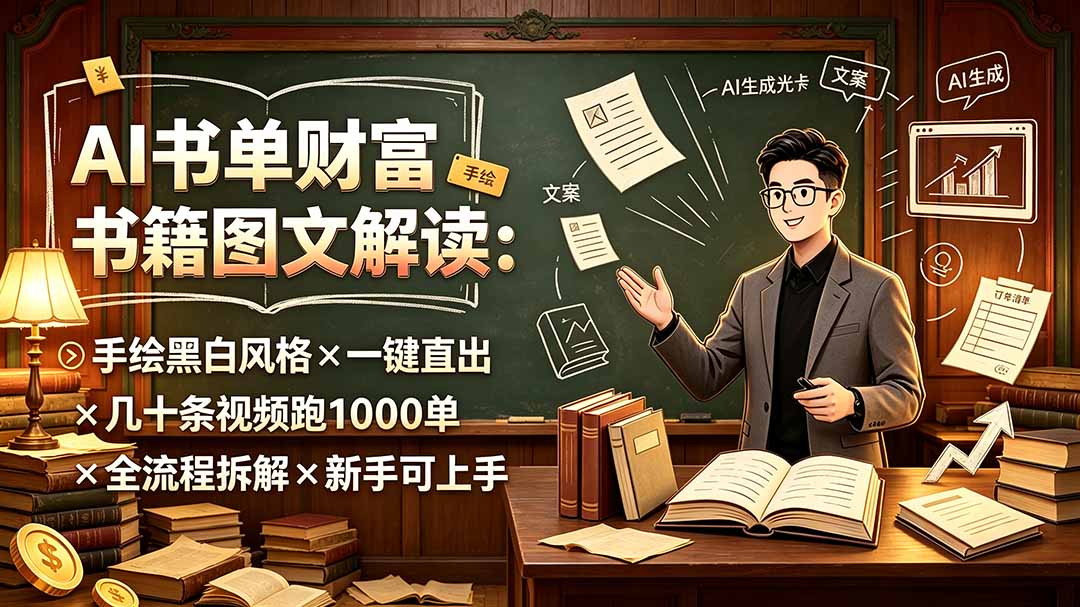 AI书单财富书籍图文解读：手绘黑白风格×一键直出×几十条视频跑1000单×全流程拆解×新手可上手-创业网 - 最新网络创业项目与实战营销教程平台 | cye.cc