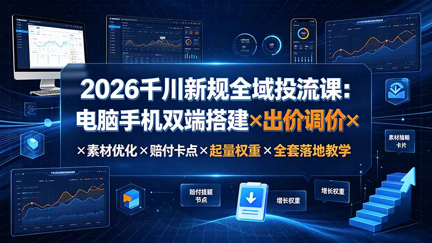 2026千川新规全域投流课：电脑手机双端搭建×出价调价×素材优化×赔付卡点×起量权重×全套落地教学-创业网 - 最新网络创业项目与实战营销教程平台 | cye.cc