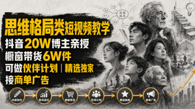 人性思维格局类短视频教学，抖音20W博主亲授，橱窗带货6W件，可做伙伴计划、精选独家、接商单广告-创业网 - 最新网络创业项目与实战营销教程平台 | cye.cc