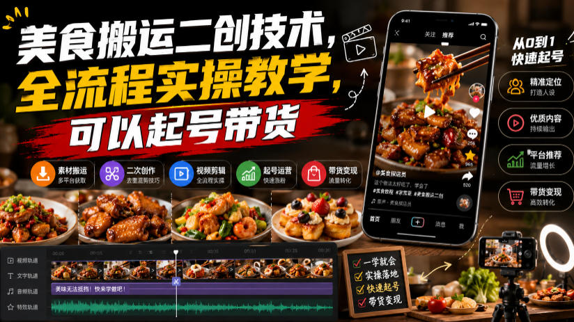 美食搬运二创技术，全流程实操教学，可以起号带货-创业网 - 最新网络创业项目与实战营销教程平台 | cye.cc