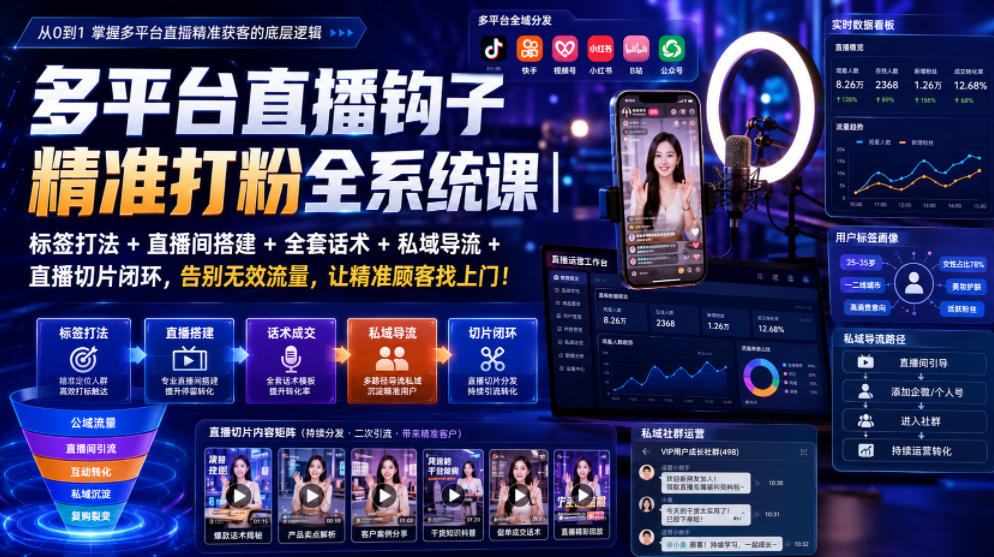 多平台直播钩子精准打粉全系统课｜标签打法+直播间搭建+全套话术+私域导流+直播切片闭环，告别无效流量，让精准顾客找上门！-创业网 - 最新网络创业项目与实战营销教程平台 | cye.cc