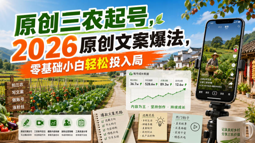原创三农起号，2026原创文案爆法，零基础小白轻松投入局-创业网 - 最新网络创业项目与实战营销教程平台 | cye.cc