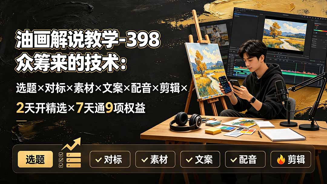油画解说教学-398众筹来的技术：选题×对标×素材×文案×配音×剪辑×2天开精选×7天通9项权益-创业网 - 最新网络创业项目与实战营销教程平台 | cye.cc