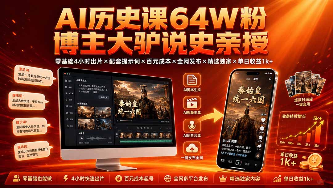 AI历史课64W粉博主大驴说史亲授：零基础4小时出片×配套提示词×百元成本×全网发布×精选独家×单日收益1k+-创业网 - 最新网络创业项目与实战营销教程平台 | cye.cc