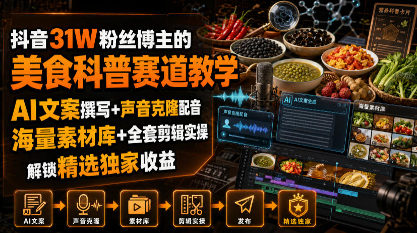 抖音31W粉丝博主的美食科普赛道教学，AI文案撰写+声音克隆配音+剪辑实操，解锁精选独家收益-创业网 - 最新网络创业项目与实战营销教程平台 | cye.cc