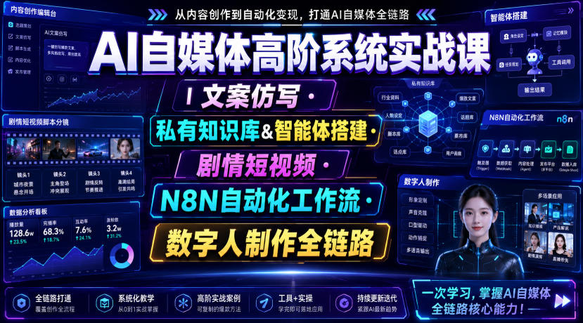 AI自媒体高阶系统实战课｜文案仿写・私有知识库&智能体搭建・剧情短视频・N8N自动化工作流・数字人制作全链路-创业网 - 最新网络创业项目与实战营销教程平台 | cye.cc