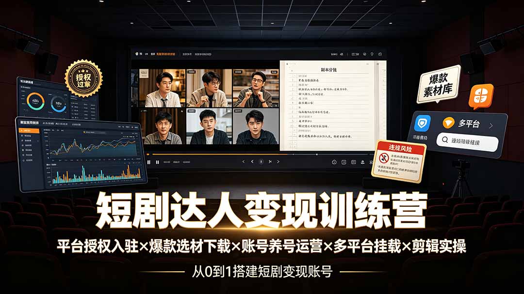 短剧达人变现训练营：平台授权入驻×爆款选材下载×账号养号运营×多平台挂载×剪辑实操×违规处理全流程-创业网 - 最新网络创业项目与实战营销教程平台 | cye.cc