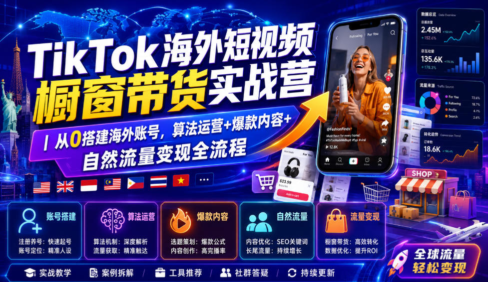 TikTok海外短视频橱窗带货实战营｜从0搭建海外账号，算法运营+爆款内容+自然流量变现全流程-创业网 - 最新网络创业项目与实战营销教程平台 | cye.cc