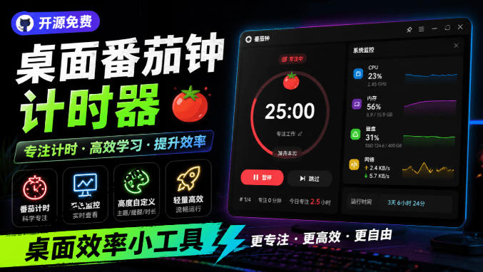 仅1.16MB，开源极简的桌面时钟、番茄钟计时器，还支持系统监控显示，桌面效率小工具Catime-创业网 - 最新网络创业项目与实战营销教程平台 | cye.cc