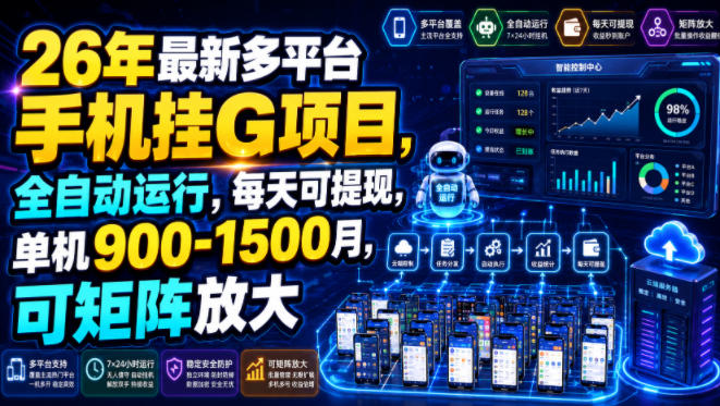 26年最新多平台手机挂G项目，全自动运行，每天可提现，单机900-1500月，可矩阵放大【揭秘】-创业网 - 最新网络创业项目与实战营销教程平台 | cye.cc