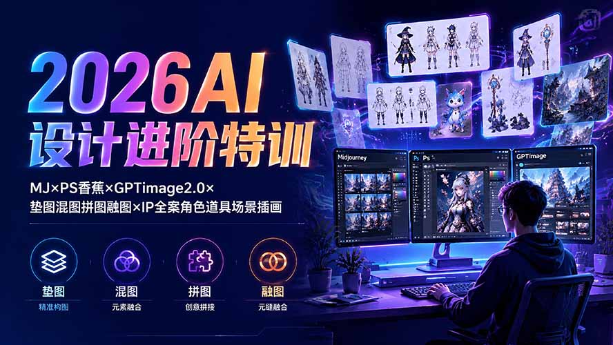 2026AI设计进阶特训：MJ×PS香蕉×GPTimage2.0×垫图混图拼图融图×IP全案角色道具场景插画-创业网 - 最新网络创业项目与实战营销教程平台 | cye.cc