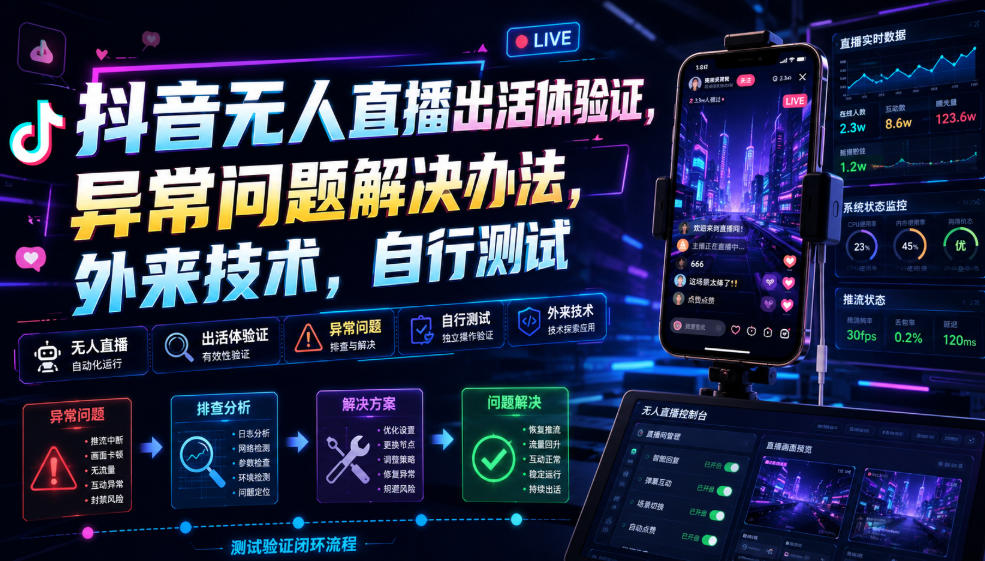 抖音无人直播出活体验证，异常问题解决办法，外来技术，自行测试-创业网 - 最新网络创业项目与实战营销教程平台 | cye.cc