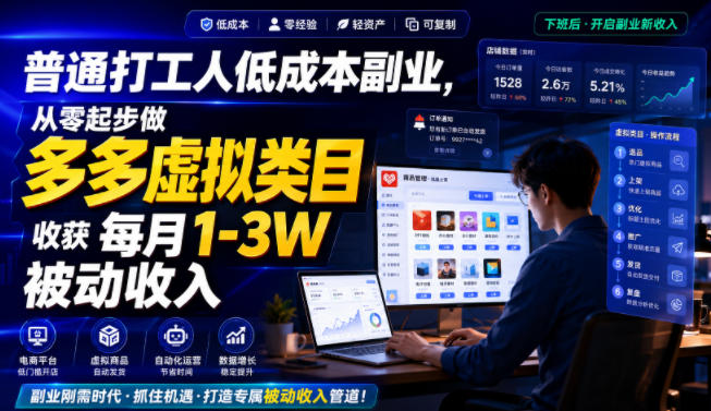 普通打工人低成本副业，从零起步做多多虚拟类目，收获每月1-3W被动收入【揭秘】-创业网 - 最新网络创业项目与实战营销教程平台 | cye.cc