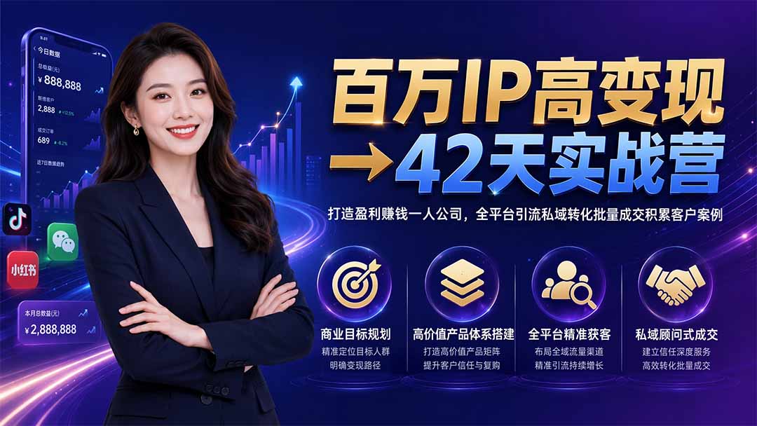 百万IP高变现→42天实战营｜打造盈利赚钱一人公司，全平台引流私域转化批量成交积累客户案例-创业网 - 最新网络创业项目与实战营销教程平台 | cye.cc