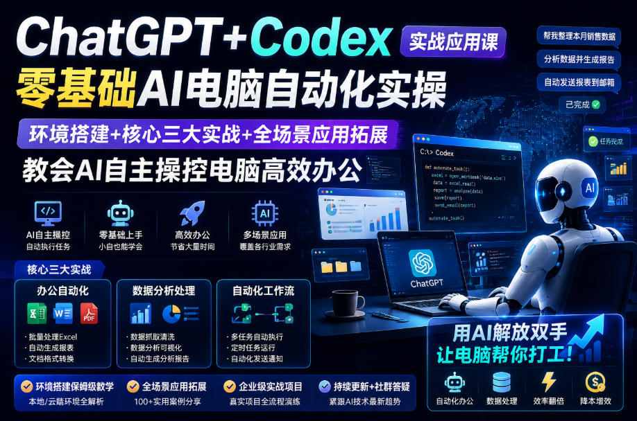 ChatGPT+Codex实战应用课｜零基础AI电脑自动化实操，环境搭建+核心三大实战+全场景应用拓展，教会AI自主操控电脑高效办公-创业网 - 最新网络创业项目与实战营销教程平台 | cye.cc